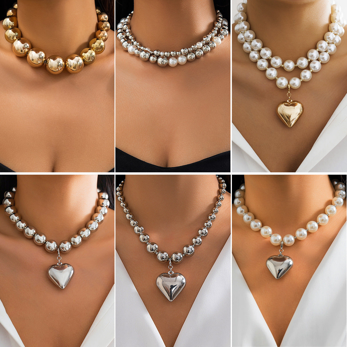 A versatile and high-end faux pearl heart-shaped stacked beaded chain