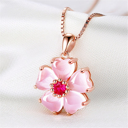 Peach Blossom Heart Crystal Pendant Necklace