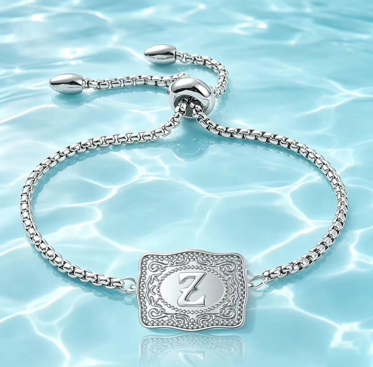 18K Lettered Embossed Fine Chain Bracelet