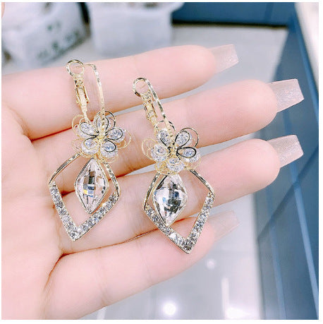 Flower Zircon Rhombus Crystal Drop Earrings