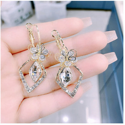 Flower Zircon Rhombus Crystal Drop Earrings