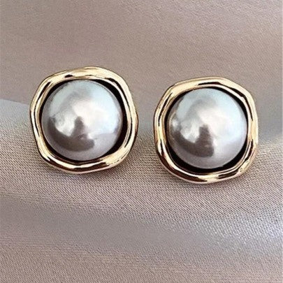 Grey Pearl Gold Bezel Stud Earrings – S925 Silver