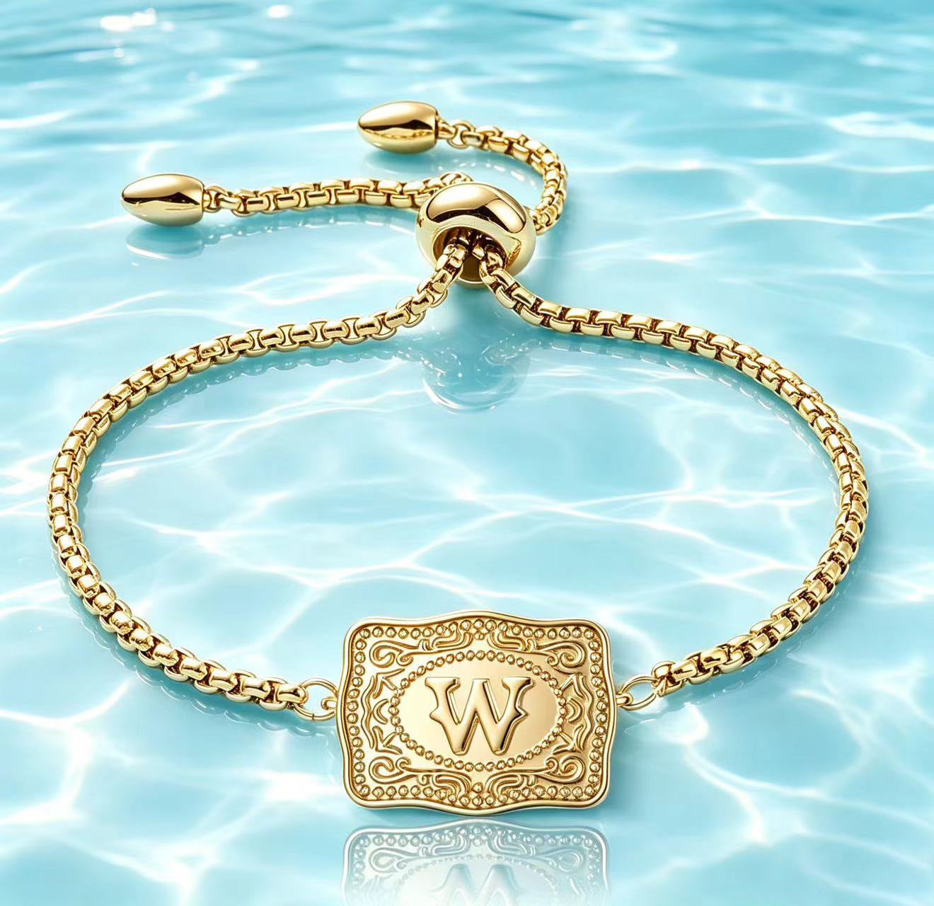18K Lettered Embossed Fine Chain Bracelet