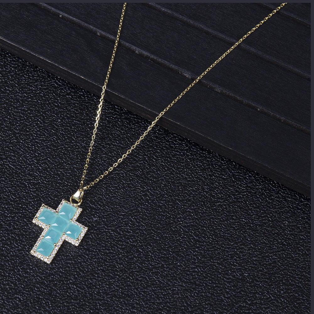 classic colored gem cross full square pendant necklace