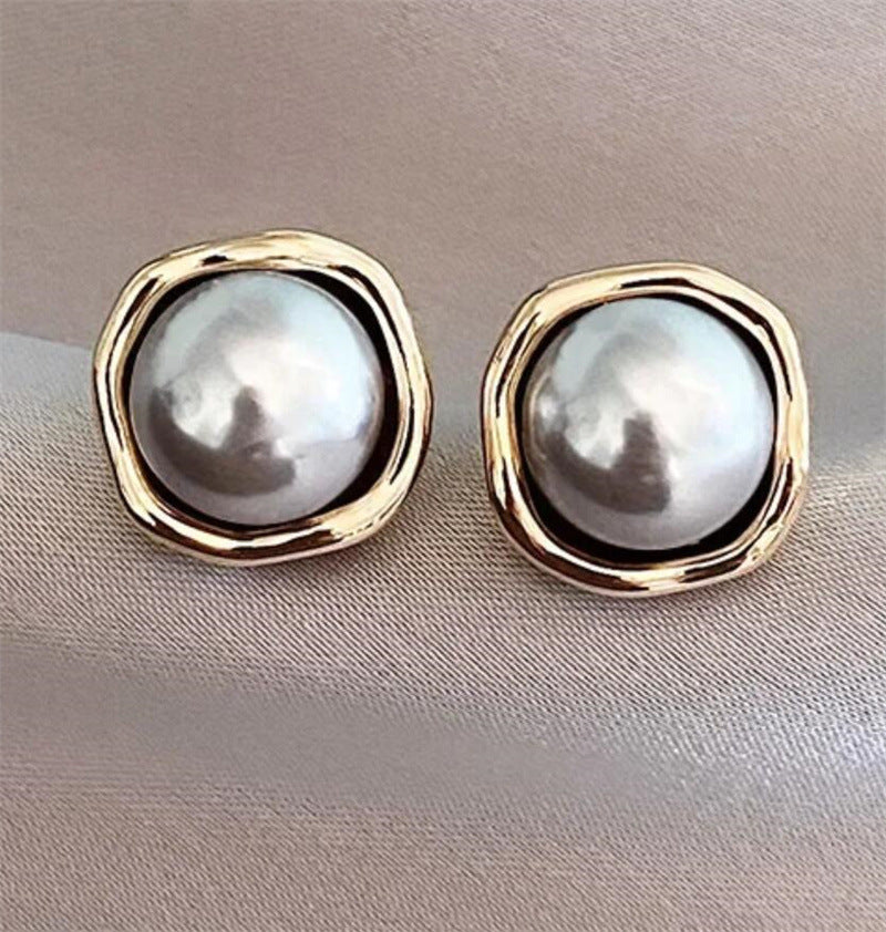 Grey Pearl Gold Bezel Stud Earrings – S925 Silver