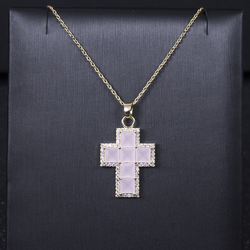 classic colored gem cross full square pendant necklace
