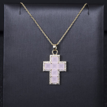 classic colored gem cross full square pendant necklace