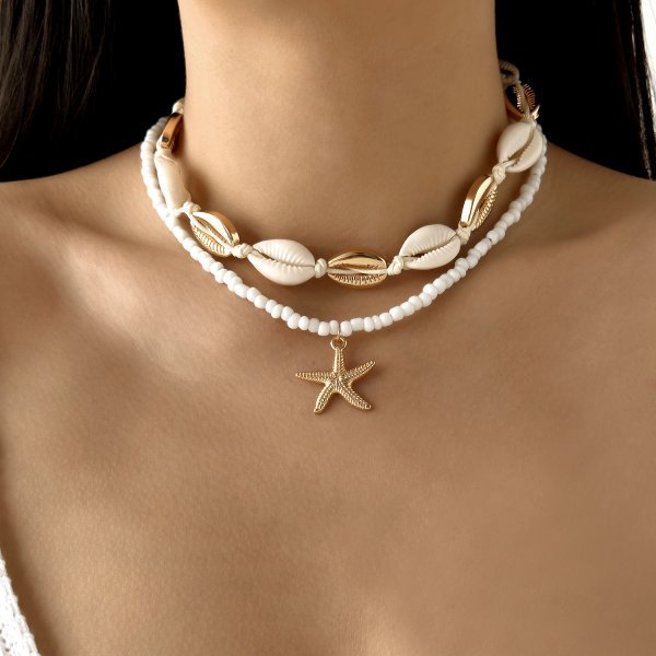 Marine vacation starfish, shells, conches, pearls, multi-layer exaggerated, multi-layer stacked pearls
