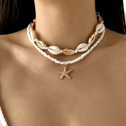 Marine vacation starfish, shells, conches, pearls, multi-layer exaggerated, multi-layer stacked pearls