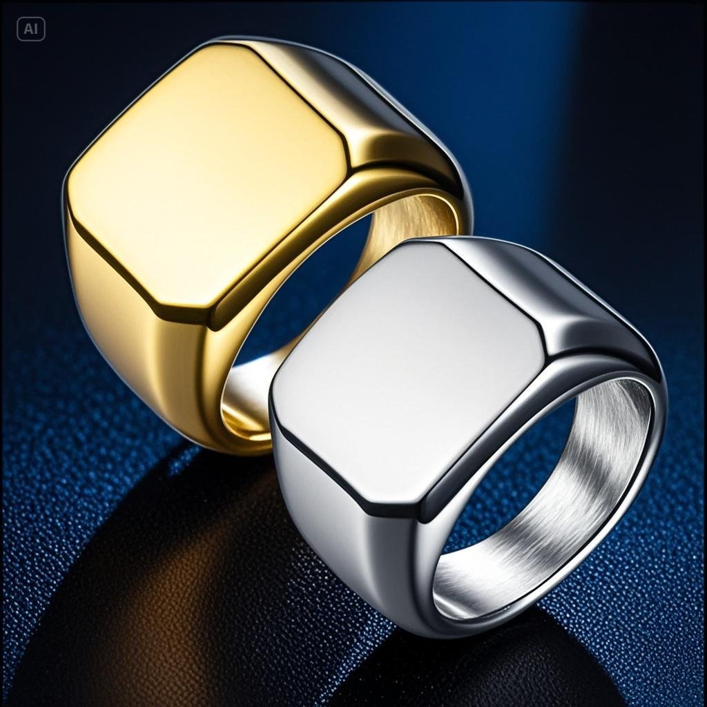 A solid and ooth four-sided ring for men that can be engraved with logos