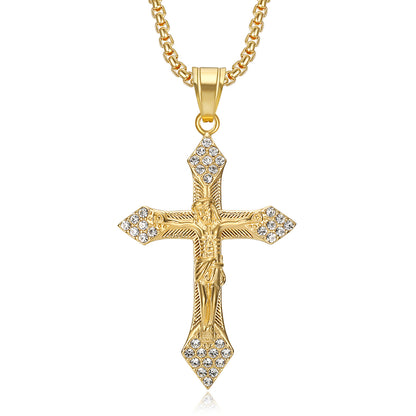 A popular  hip-hop accessory from Europe and America, a titanium steel gold-plated and diamond-encrusted YS cross pendant necklace