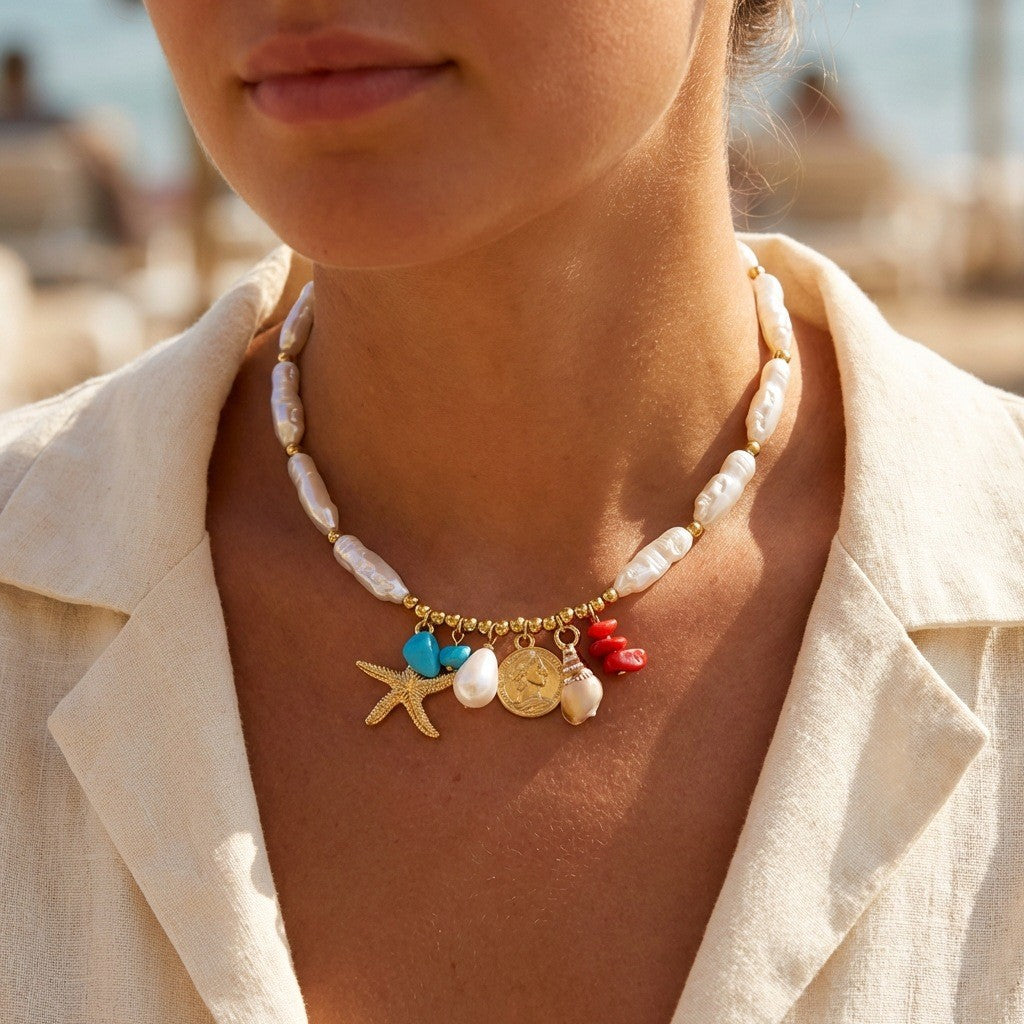 Marine vacation starfish, shells, conches, pearls, multi-layer exaggerated, multi-layer stacked pearls