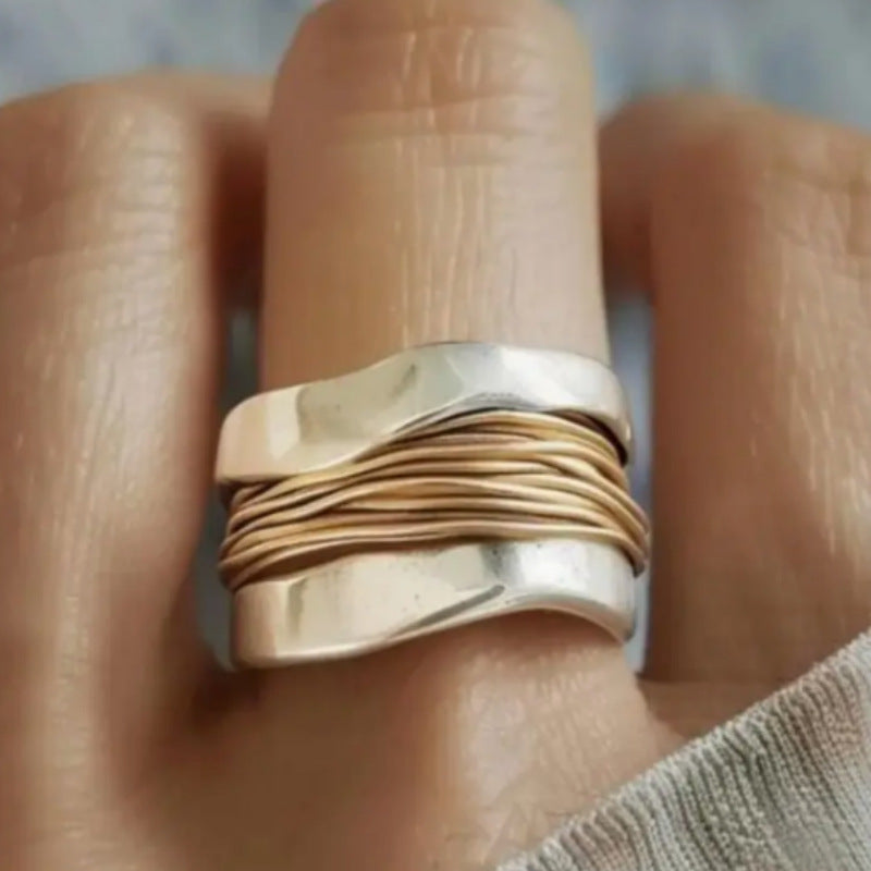 Two-color silk wide-face ring