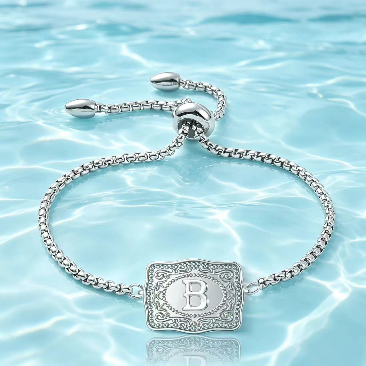 18K Lettered Embossed Fine Chain Bracelet