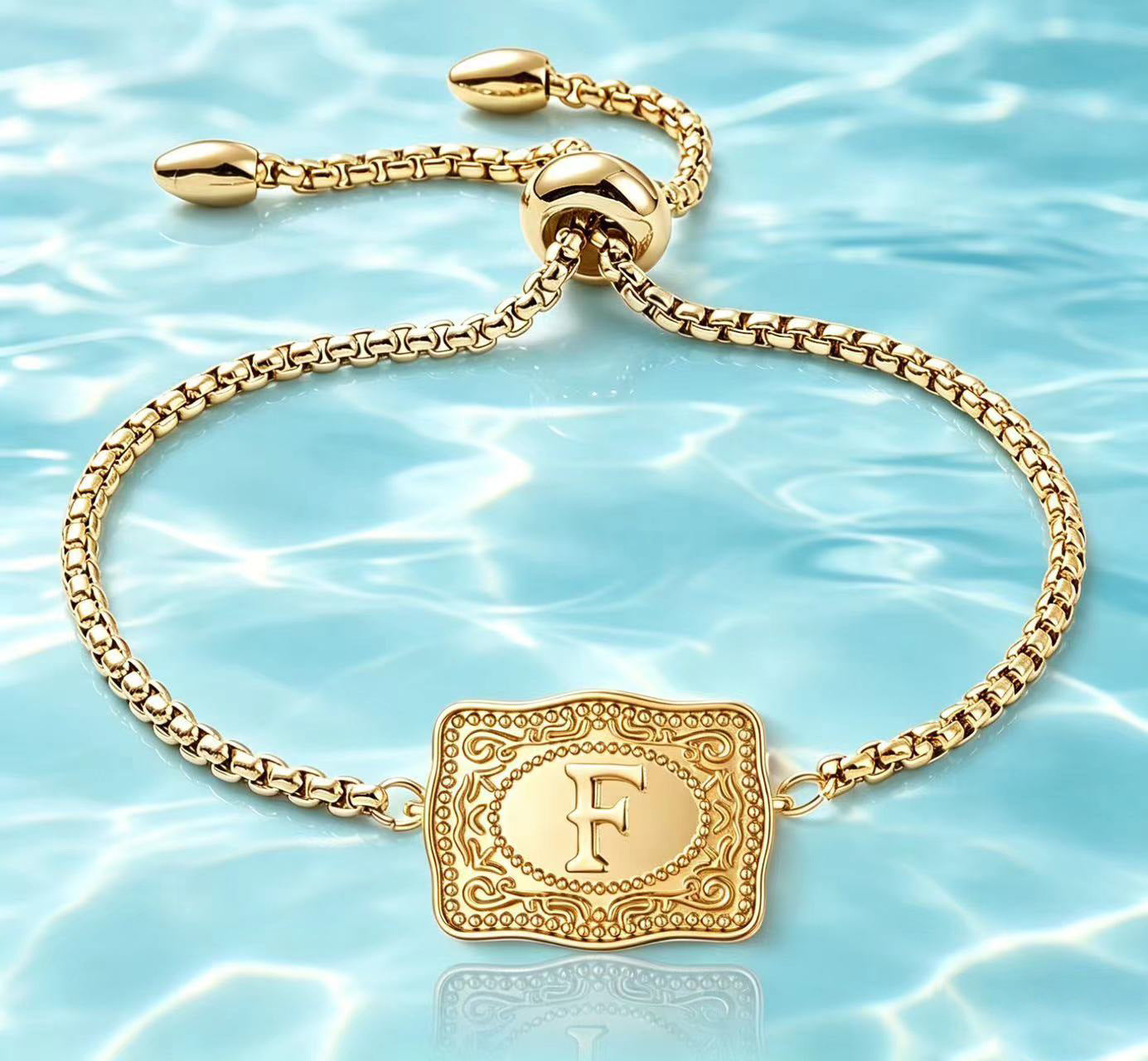 18K Lettered Embossed Fine Chain Bracelet
