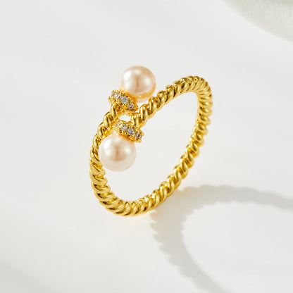 Cross-patterned glass pearl open ring, elegant commuter layering jewelry, adjustable ring, women's index finger ring