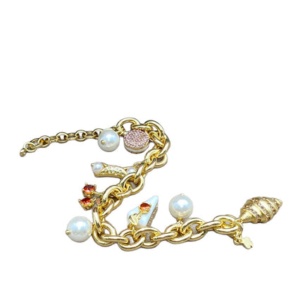 Enamel Cherry Cake Croissant Pearl Pendant Bracelet