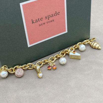Enamel Cherry Cake Croissant Pearl Pendant Bracelet