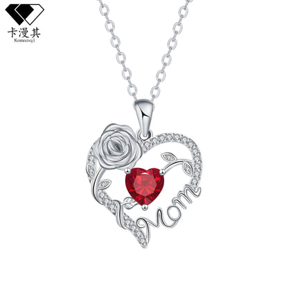 Heart Rose Mom Script Pendant Necklace