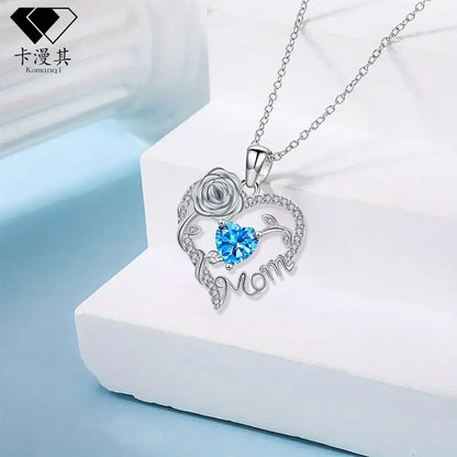 Heart Rose Mom Script Pendant Necklace