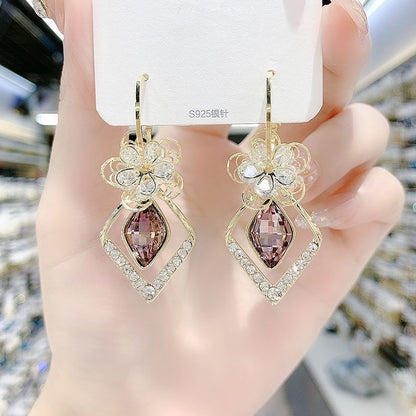 Flower Zircon Rhombus Crystal Drop Earrings