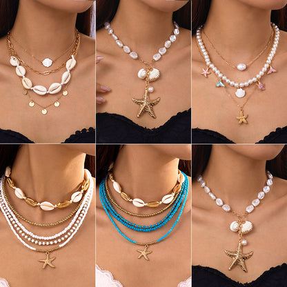 Marine vacation starfish, shells, conches, pearls, multi-layer exaggerated, multi-layer stacked pearls