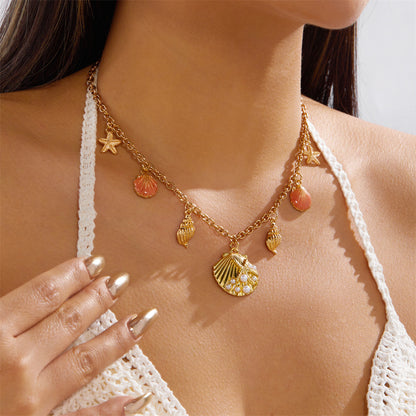 Marine vacation starfish, shells, conches, pearls, multi-layer exaggerated, multi-layer stacked pearls