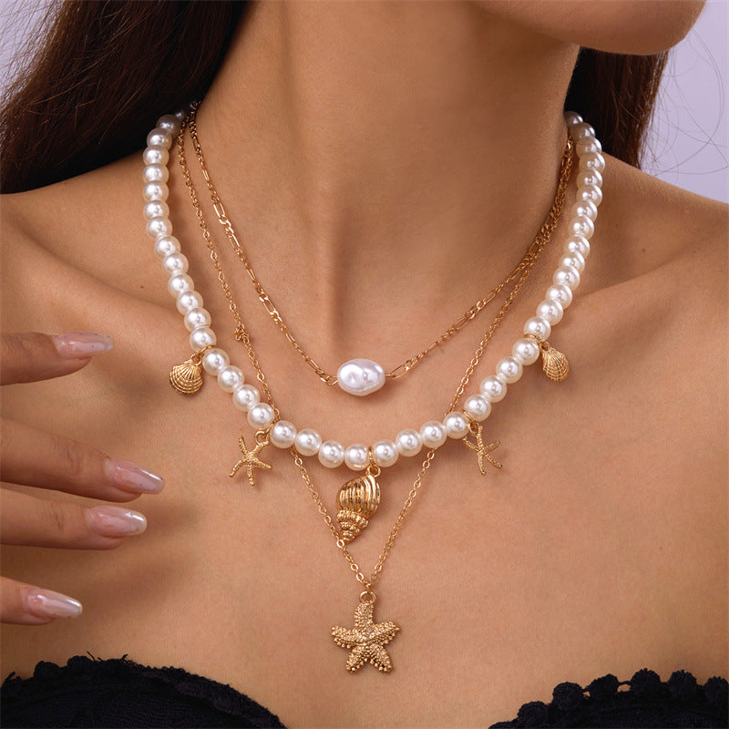 Marine vacation starfish, shells, conches, pearls, multi-layer exaggerated, multi-layer stacked pearls