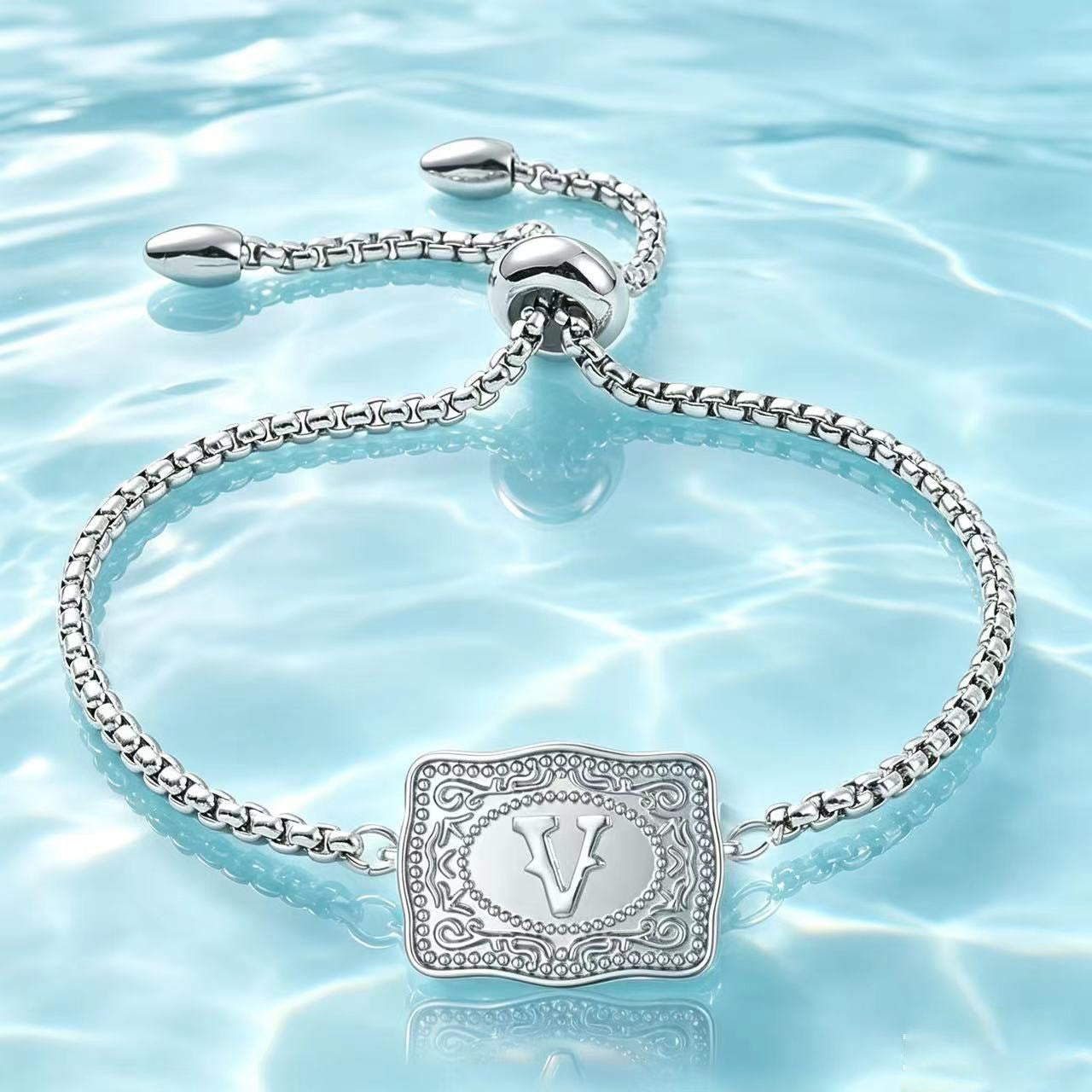 18K Lettered Embossed Fine Chain Bracelet
