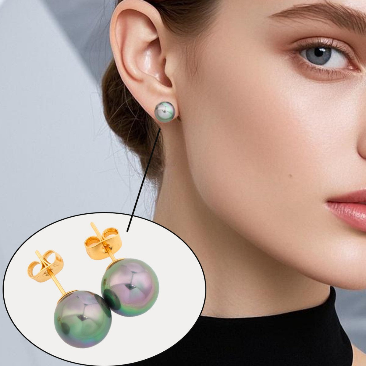 Tahitian Peacock Green Pearl Stud Earrings – S925 Silver