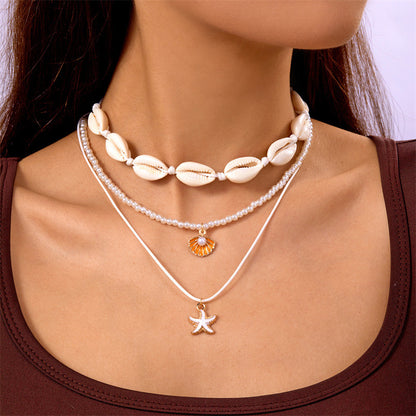 Marine vacation starfish, shells, conches, pearls, multi-layer exaggerated, multi-layer stacked pearls