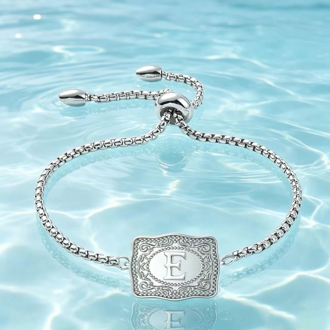 18K Lettered Embossed Fine Chain Bracelet