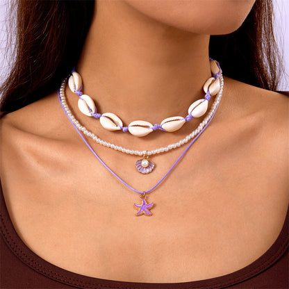 Marine vacation starfish, shells, conches, pearls, multi-layer exaggerated, multi-layer stacked pearls