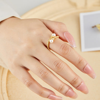 Cross-patterned glass pearl open ring, elegant commuter layering jewelry, adjustable ring, women's index finger ring