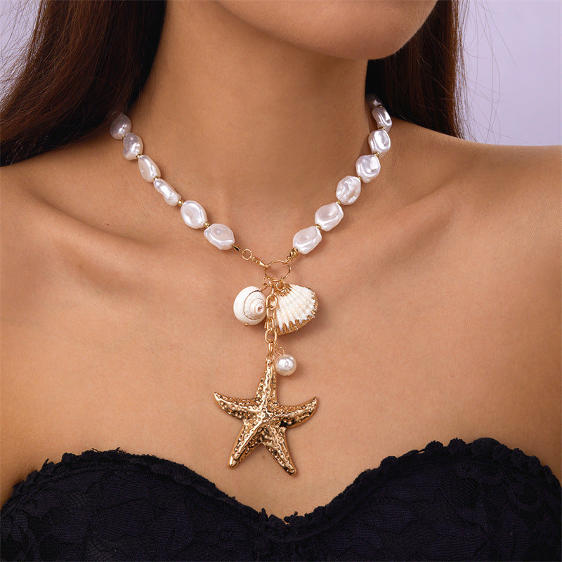 Marine vacation starfish, shells, conches, pearls, multi-layer exaggerated, multi-layer stacked pearls