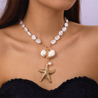 Marine vacation starfish, shells, conches, pearls, multi-layer exaggerated, multi-layer stacked pearls