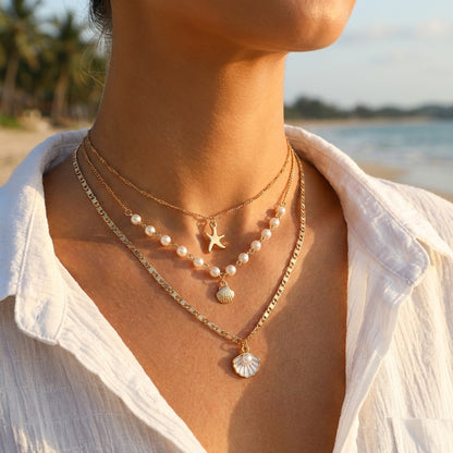 Marine vacation starfish, shells, conches, pearls, multi-layer exaggerated, multi-layer stacked pearls