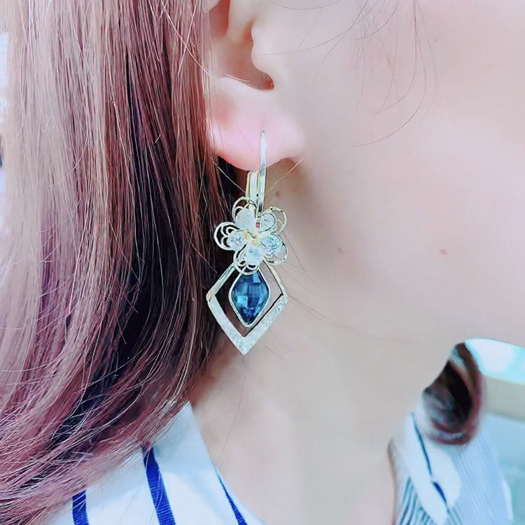 Flower Zircon Rhombus Crystal Drop Earrings
