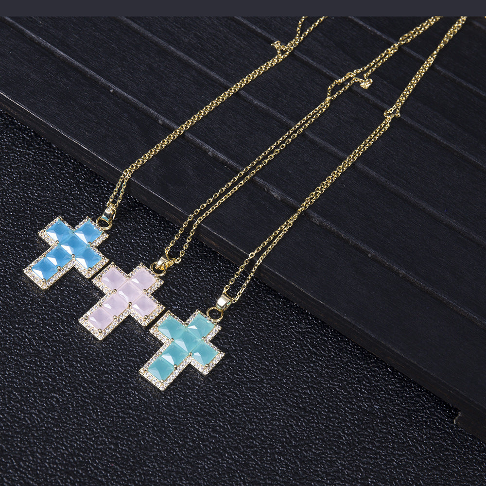 classic colored gem cross full square pendant necklace