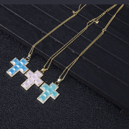classic colored gem cross full square pendant necklace