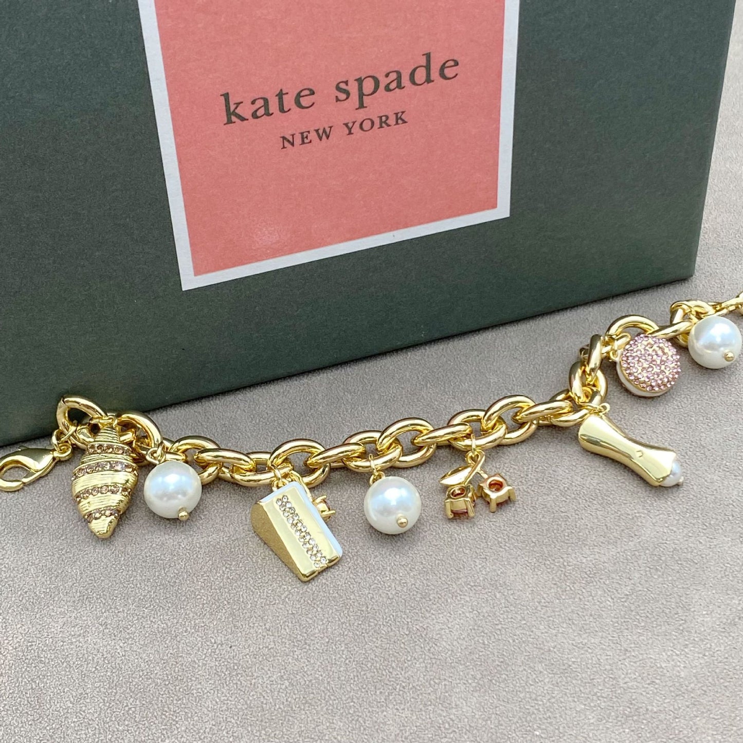 Enamel Cherry Cake Croissant Pearl Pendant Bracelet