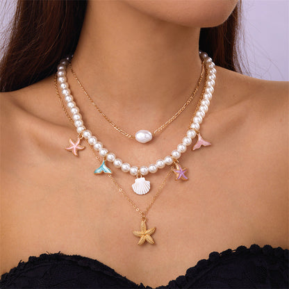 Marine vacation starfish, shells, conches, pearls, multi-layer exaggerated, multi-layer stacked pearls
