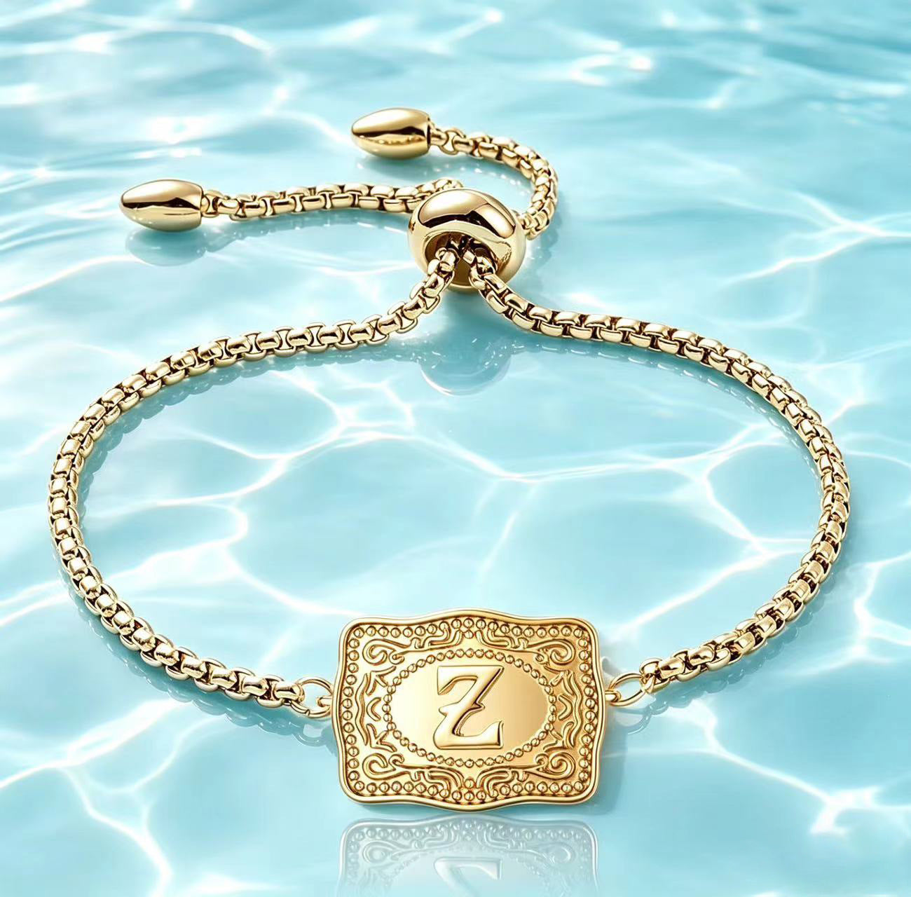 18K Lettered Embossed Fine Chain Bracelet