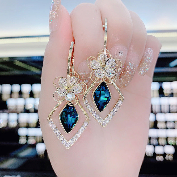 Flower Zircon Rhombus Crystal Drop Earrings