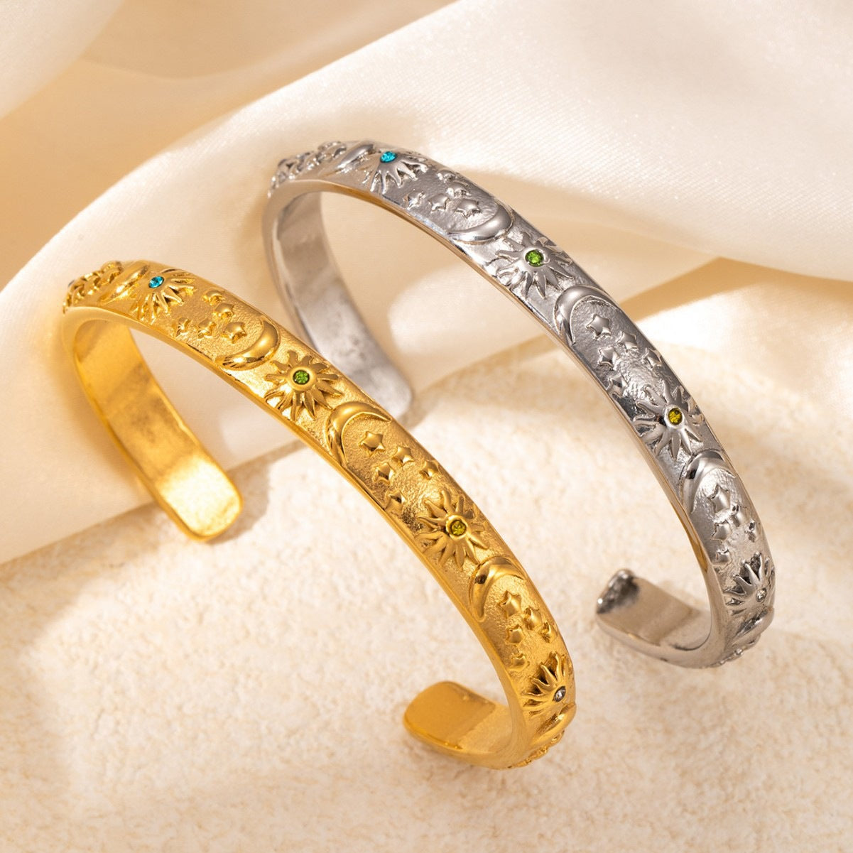 Sun Moon & Star Open Bangle Bracelet