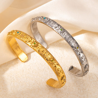 Sun Moon & Star Open Bangle Bracelet