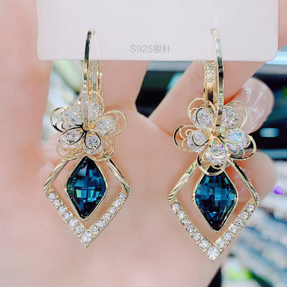 Flower Zircon Rhombus Crystal Drop Earrings