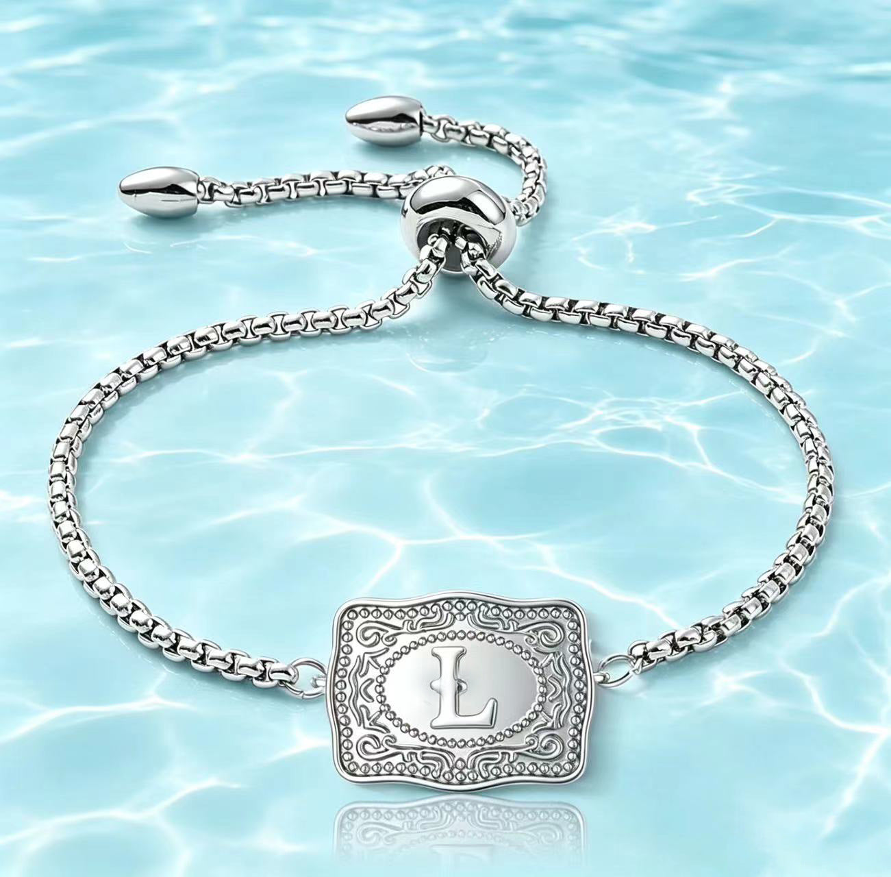 18K Lettered Embossed Fine Chain Bracelet
