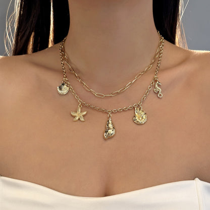 Marine vacation starfish, shells, conches, pearls, multi-layer exaggerated, multi-layer stacked pearls
