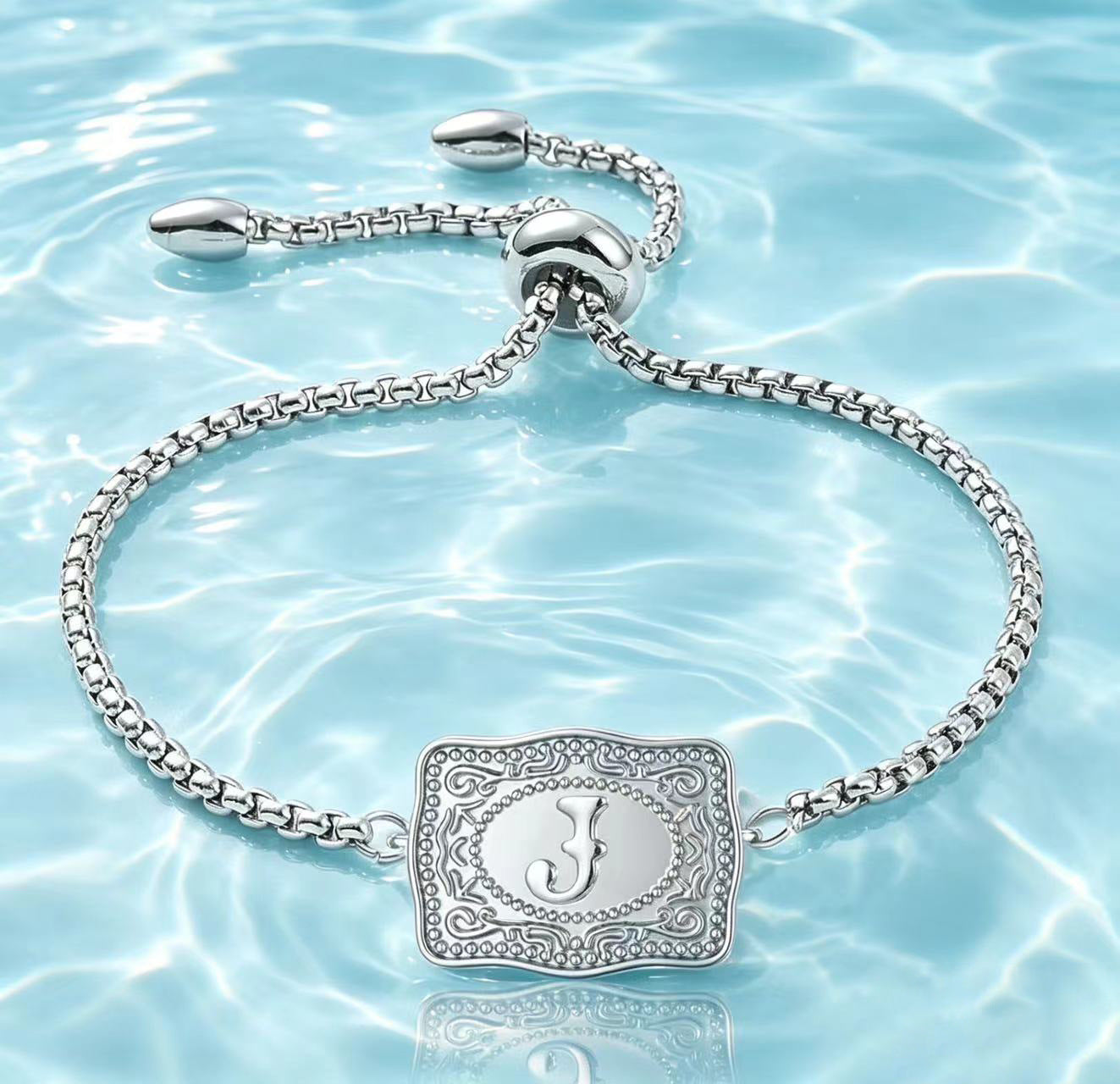 18K Lettered Embossed Fine Chain Bracelet